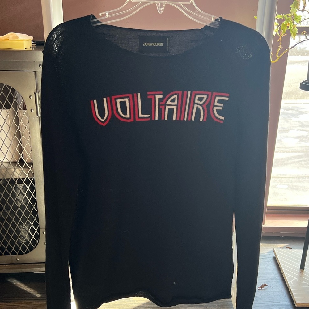 Black Voltaire Sweater with Red and White Logo